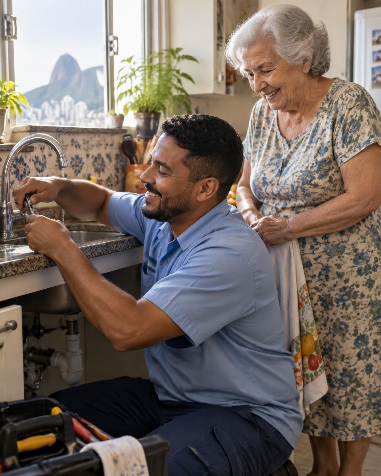 Técnico do LAR Seguro Sênior atendendo uma senhora em casa